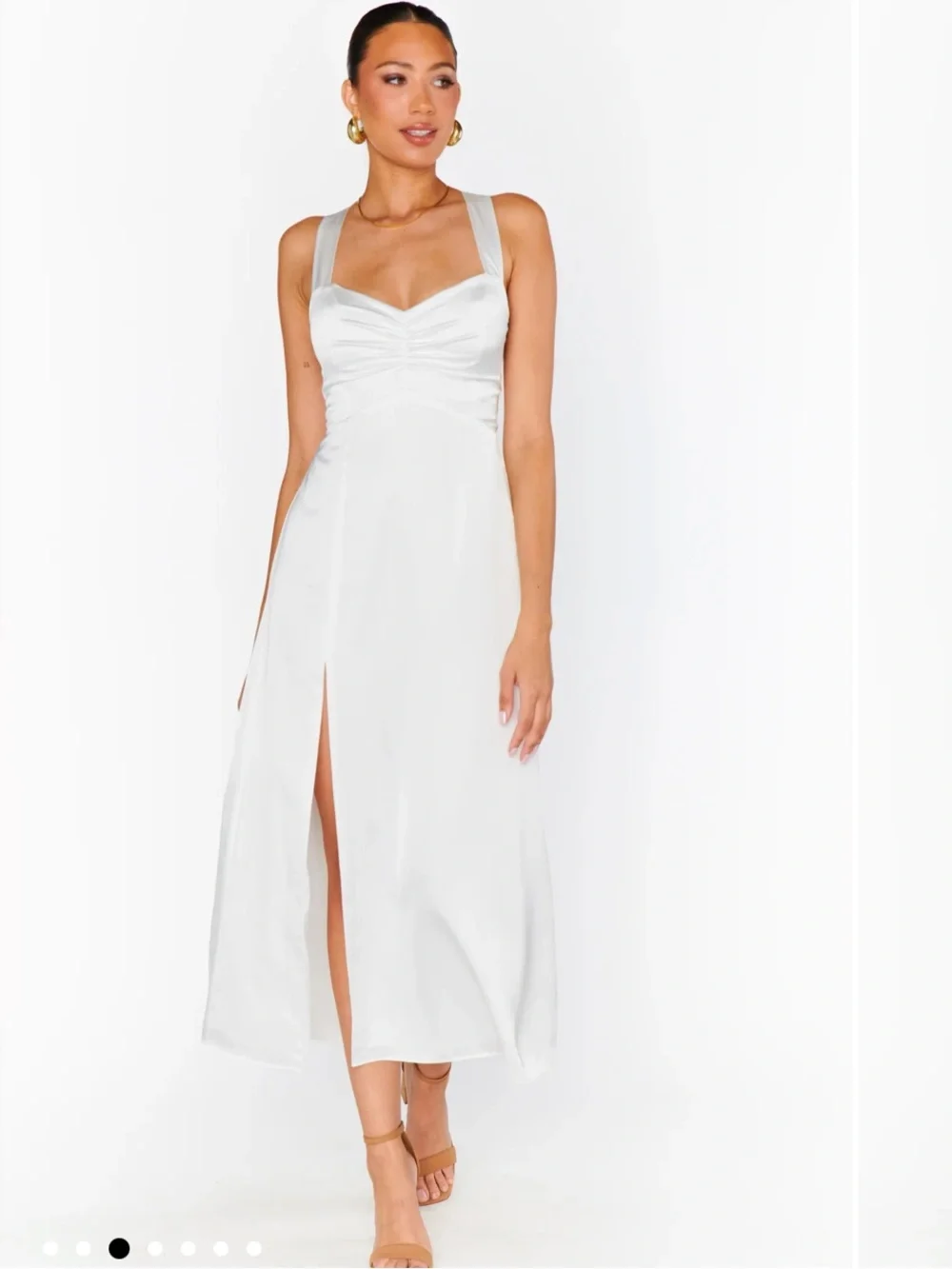 Show Me Your Mumu- Mina White Satin Midi Dress with Side Slit